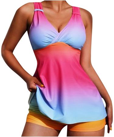 TUNUSKAT Women's Gradient Tankini Bathing Suit - V Neck Wrap Swimsuit with Boxer Pants (Large, Pink) - Buy Online on SooperMarket.com