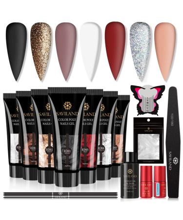 Saviland Poly Gel Nail Kit - 7 Colors Glitter Poly Gel Nail Extension Nail Kit with Slip Solution Halloween Nail Art Builder Nail Gel All-In-One Poly Nail Gel Kit for Nail Manicure Beginner Starter Kit DIY at Home Red Gold