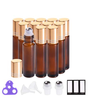 Essential Oil Roller Bottles 10ml (Amber Glass, 12pack, 2 Extra Roller Balls, 24 Labels, Opener, 2 Funnels by PrettyCare) Roller Balls For Essential Oils, Roll on Bottles 12 Pack Amber
