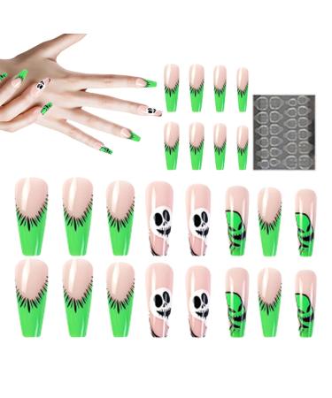 Halloween Nails Halloween Press on Nails Medium Horror Ghost and Skull Halloween Fake Nails 24PCS Coffin French Tip False Nails with Gel Glue for Halloween
