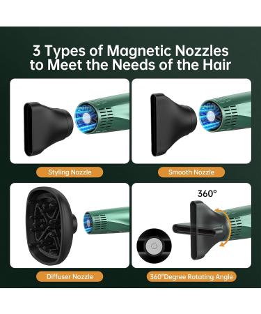 Professional Hair Dryer with Diffuser & Nozzles - 1875W 12 Modes Fast Drying Negative Ion Technology Olive Green - Perfect for All Hair Types - Buy Online on SooperMarket.com