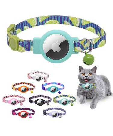 Mouyou Airtag cat neck band Airtag collar cat with bell safety clasp soft nylon cat neck tape with silicone airtail holder cover adjustable from 22-34cm blue with lemon pattern C7
