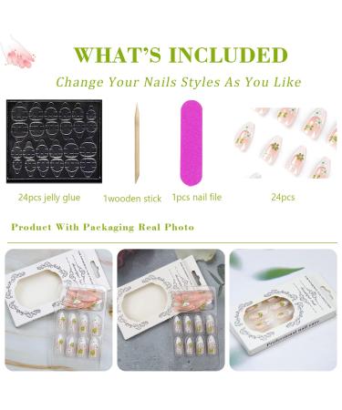 24PCS Medium Almond Glossy Flower Press On Nails - Green & White Spring Nail Decoration - Fake Nails with Glue - Women's Manicure - Buy Online on SooperMarket.com