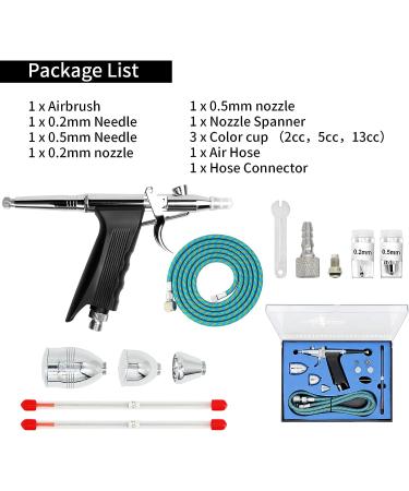 Double Action Airbrush Kit with Trigger Air Brush Spray Gun - 0.2mm, 0.3mm, 0.5mm Needles - Ideal for Tattoo, Makeup, Nail Art, Hobby - Includes 3 Sets Nozzles, Air Cap, Paint Cups, Air Hose - Buy Online on SooperMarket.com