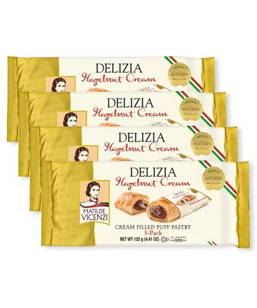 Delizia Hazelnut Cream by Pasticceria Matilde Vicenzi | Cream Filled Puff Pastry Patisserie Rolls | All-Natural, Kosher Dairy | Made in Italy | 4.41oz (125g) Box, 4-Pack Delizia Hazelnut Cream 4.41 Ounce (Pack of 4)