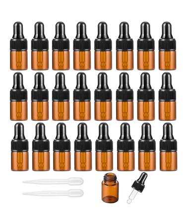 Alledomain 24Pcs 2Ml Amber Glass Sample Dropper Bottles Empty Mini Bottles with Dropper Pipettes Black Cap Refillable Small Sample Vials Container for Essential Oil Perfume Cosmetic Liquid