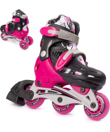 New Bounce Roller Skates for Little Kids - Shoe Size EU 28-31, US Kids Junior Size 8-11, 2-in-1 Roller Skates for Girls, Converts from Tri-Wheel to Inline Skates - Rollerskates for Beginners | Pink