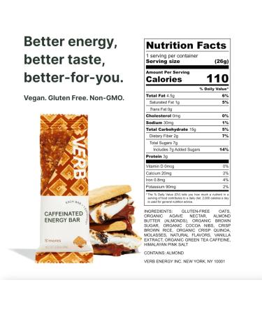 Verb Energy - Variety Pack Caffeinated Snack Bars - 110-Calorie Low Sugar Energy Bar - Nutrition Bars - Vegan Snacks - Gluten Free Breakfast Bars with Organic Green Tea 26g (Pack of 16) Variety Pack -16pk 16 Count (Pack of 1) - Buy Online on SooperMarket.com