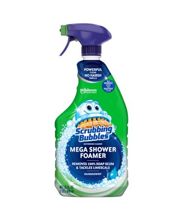 Scrubbing Bubbles Mega Shower Foamer Disinfecting Spray, Multi-Surface Bathroom and Tile Cleaner Grime Fighter, Removes 100% Soap Scum, Rainshower Scent, 32 oz