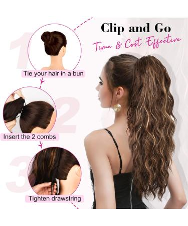 REECHO 26 Long Beach Wave Drawstring Ponytail Extension - Dark Blonde with Highlights | Synthetic Hairpiece for Women - Buy Online on SooperMarket.com
