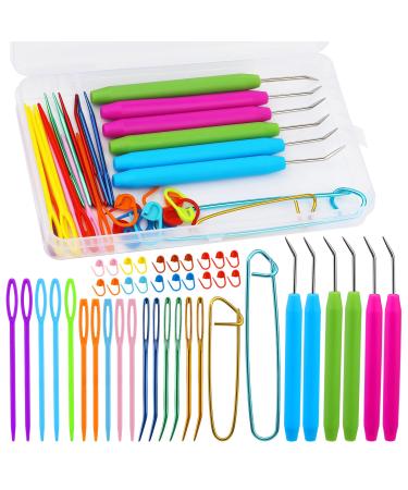 FTEVEN 45Pcs Colorful Plastic Big Eye Needles, Large Eye Bent Tapestry Needles, Large Eye Needles, Knitting Loom Needles with Knitting Needle Markings for DIY Handicrafts