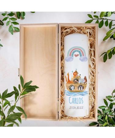Personalized Gravure Printed Baptism Candle | Ark Rainbow Design | High-Quality Christening Gift for Boys & Girls | 250/80 mm Blue - Buy Online on SooperMarket.com