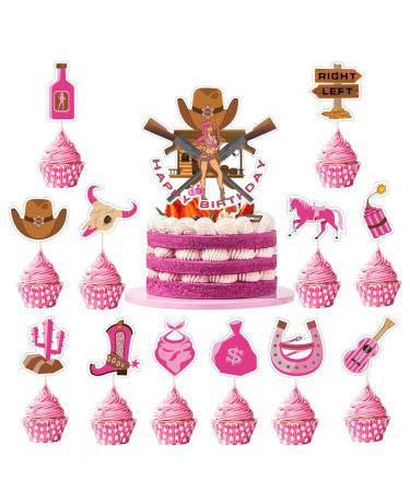 Qpout 25pcs Cowgirl Cupcake Toppers Western Cake Toppers Pink Hat and Boot Cactus Cupcake Cowboy Cowgirl Party Decorations Wild West Farm Western Happy Birthday Cupcake Toppers Preppy Horse Decor