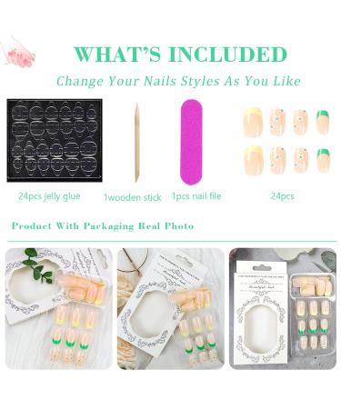 French Tip Press On Nails Short with White Flower Design | Yellow Green French False Nails | Spring Acrylic Stick On Nails for Women - Buy Online on SooperMarket.com