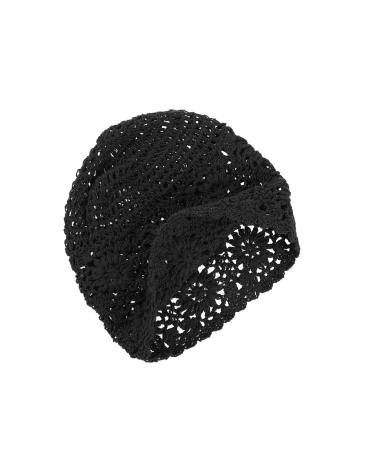Vgol beanie hat handmade women cotton knitted outlet vintage flower pattern crochet slouchy skull cap for 52 58 cm head circumference spring summer autumn 52-58 cm black