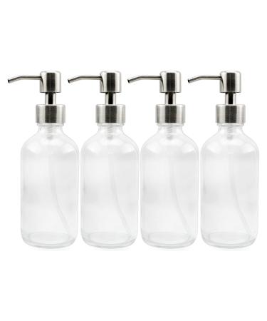 8-Ounce Clear Glass Boston Round Bottles w/ Stainless Steel Lotion Pumps (4-Pack) Empty Refillable Liquid Soap & Lotion Bottles
