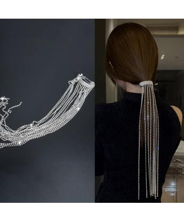 Rhinestone Tassel Hair Clips Silver Diamante Chain Hair Clips for Women Ponytail Clips Hair Style Accessories