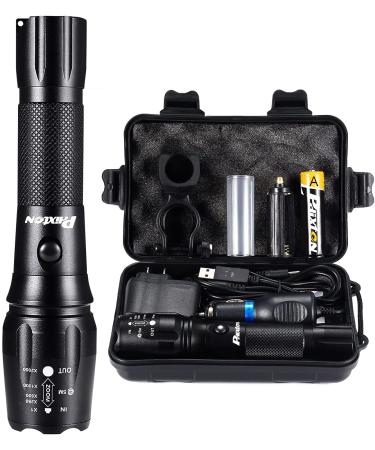 PHIXTON Rechargeable High Lumens Tactical Handheld Flashlight, Super Bright 5000 lumen XM L2 LED Tac Flash Light Linterna, Long Lasting,Zoomable,Waterproof,Shockproof,For emergency Camping Accessories Black