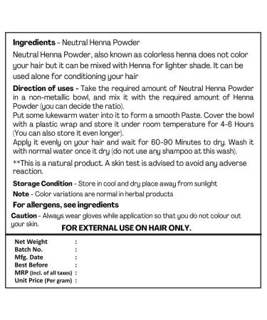 Pure Neutral Henna Powder - 100% Colorless Senna Powder for Hair Conditioning (227g) - Buy Online on SooperMarket.com