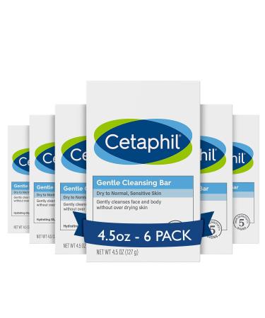 CETAPHIL Gentle Cleansing Bar, 4.5 oz Bar (Pack of 6), Nourishing Cleansing Bar For Dry, Sensitive Skin, Non-Comedogenic, (Packaging May Vary)