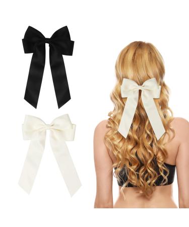 2 Pack Bow Hair Clips Black Hair Bows for Women Girls Large Bow Clips Hair Barrette Hair Accessories(Black Beige)