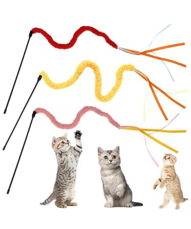 Amaxiu Cat Rainbow Wand Toys 3pcs Interactive Cat Teaser Wand String Cat Feather Toys for Indoor Colorful Ribbon Charmer for Kittens Exerciser Playing Teaser Training Catcher(Style C)