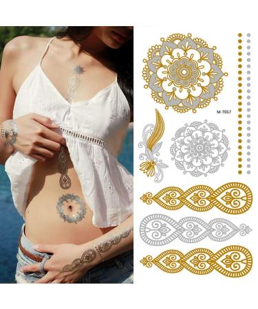 8 Sheets Gold Metallic Temporary Tattoos for Women - Shimmer Designs, Jewelry Fake Tattoo Stickers - Waterproof Body Makeup - Buy Online on SooperMarket.com