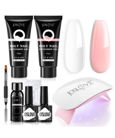 JOSLOVE Poly Nail Gel Kit, 30g 2PCS Poly Nail Gel Kits with UV Light Starter Kit Clear Nude Colors with Poly Brush Slip Solution Nail Forms Base Top Coat Nail Manicure All-in-one Kit Salon Easy DIY at Home Beginner Kit 2-Clear Nude