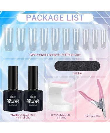 Cooserry Nail Tips and Glue Gel Kit with UV Light - 1000 Pcs C Curve Clear French Ballerina Fake Nails, 4-in-1 Nail Glue, Mini UV LED Lamp, DIY Nail Art Tools - Buy Online on SooperMarket.com
