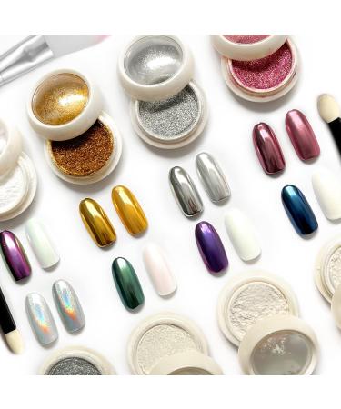 Lofuanna Chrome Nail Powder Set - 8 Colors Mirror Effect Holographic Pearl Iridescent Glitter Manicure Kit | Nail Art Deco with Eyeshadow Sticks and Dust Brush - 1g/0.5g Jar - Buy Online on SooperMarket.com