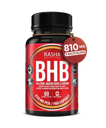 KASHA Nutrition BHB Pills 810mg (Triple Salt) per Capsule Patented Exogenous Ketones Salts for Women and Men | Keto Friendly Proudly made in Canada | Energy Support | 60 Keto Friendly Veggie Capsules | 270 mg of Calcium Sodium and Magnesium Beta Hydroxybu