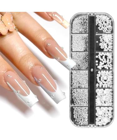 Rhinestones for Nails Nail Art Rhinestones White Pearls for Nails Semicircular Pearl Balls Nail Glitter Stainless Steel Beads Beads Sequins Acrylic Nail Decorations 1 Box/12 Grid