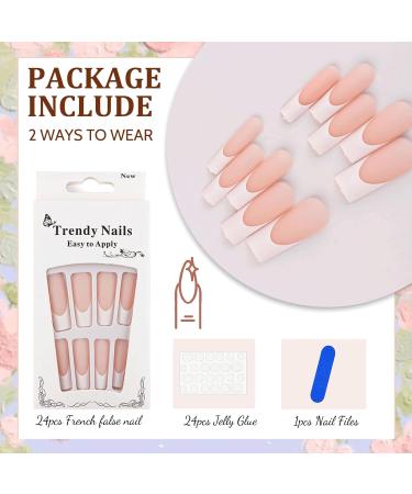 24PCS Long French False Nails Square - Matte Nude White Full Cover Press on Nails for Women Girls - Jelly Glue Included - Buy Online on SooperMarket.com