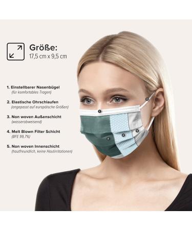 Dark Green Disposable Face Masks - 100 Pack | Made in Germany | CE Certified, Type IIR | Breathable Triple Layer, 99.78% Filtration | Elastic Earloops, Adults | 17.5cm x 9.5cm - Buy Online on SooperMarket.com