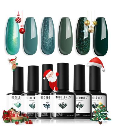Modelones Ethereal Green Gel Nail Polish Set - 6 Colors Mermaid Lagoon Gel Polish Kit Dark Green Glitter Turquoise Soak Off Gel Polish Easter Nail Gifts Home DIY Salon for Women