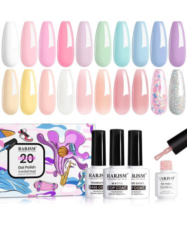 RARJSM Pastel Gel Nail Polish Set 20 Colors with Glossy Matte Top and Base Coat Summer Netural Nude Color White Pink Yellow Green Blue Silver Glitter Nail Polish Kit 5ml Each Bottle UV LED Curing Need Pastel Color Set
