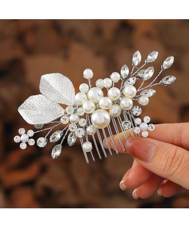 Handcess Bridal Pearls Hair Comb Splitter Rhinestone Flowers Hairpieces Crystal Bridal Side Combs Leaf Wedding Hair Accessories for Women and Girls