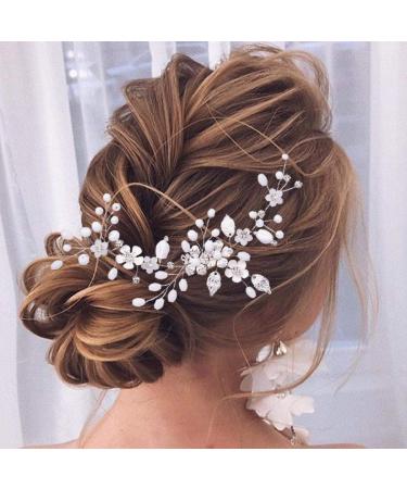 Unicra Wedding Hair Vine Silver Hair Jewelry Wedding Rhinestone Flower Headpiece Pearls Bridal Hair Accessories for Bridesmaid and Women