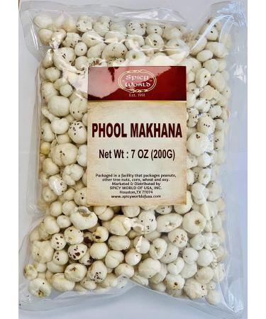 Spicy World Phool Makhana (Fox Nut / Popped Lotus Root Seed / Popped Water Lily Seeds) 200g (7oz)  Plain Raw Uncooked |  All Natural | Vegan | No Colors | Indian 7 Ounce (Pack of 1)