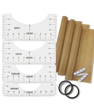T-Shirt Alignment Ruler Heat Resistant Tape 10mm X 33m 108ft PTFE Teflon Transfer Sheet 16 x 20 - 4 Rulers 2 Rolls Heat Resistant Tape 3 Packs PTFE Teflon Sheet and 1 Tape Measure Included