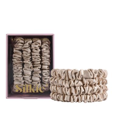 Silkie 4-Set 100% pure mulberry lide champagne-colored thin hair tie with travel bags hair tie for every day hair care ponytail holder without hair damage (champagne)