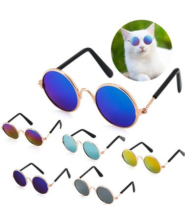 6 Pieces Cat Sunglasses Funny Pet Sunglasses Small Dog Sunglasses Classic Retro Circular Pomeranian Sunglasses Eyewear Photos Props Accessories Cosplay Glasses Black and Mix Reflective Color