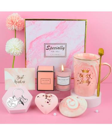 Gifts for women birthday present for women 14 oz coffee cups gift set with fragrance candle coffee socks swimming bomb gifts for women birthday presents for mother wife friends pink-lady
