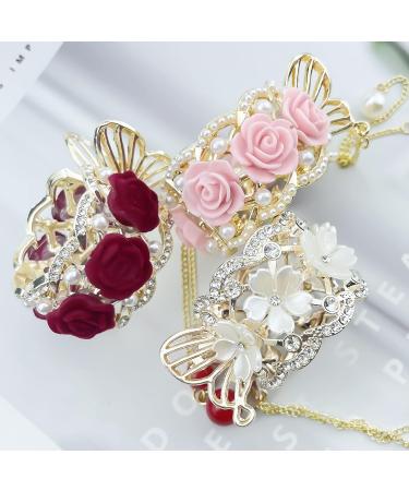 3 Pcs Rose Flower Tassel Ponytail Hair Clips | Vintage High Ponytail Hair Barrettes with Pearl Rhinestone Metal | Chinese Decorative Accessories for Bride Women Girls - Buy Online on SooperMarket.com