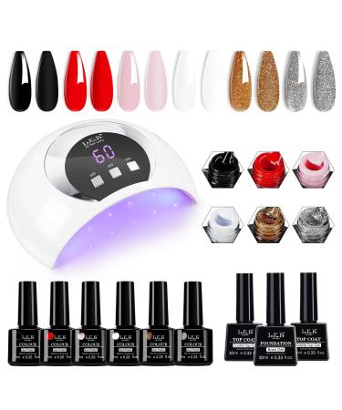 LKE Gel Nail Polish Kit with U V Light 54W Nail Lamp 6 Colors White Black Red Pink Gold Silver Glitter Shimmer Gel Polish Set Glossy Matte Gel Top Base Coat Gel Nail Kit Nail Art DIY Manicure Tools Black White Red