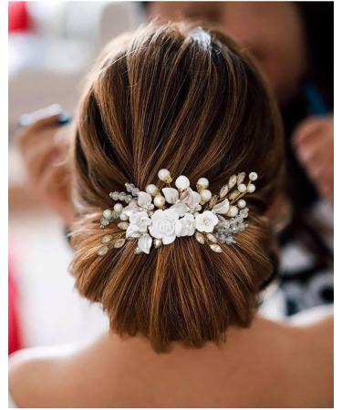 IYOU Flower Bridal Hair Comb Gold Crystal Bride Hair Accessories Leaf Pearl Wedding Side Combs Headpiece for Women - Buy Online on SooperMarket.com