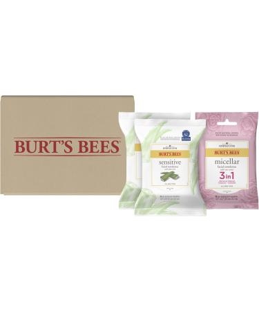 Burt's Bees Face Wipes Makeup Remover Facial Cleansing Towelettes for All Skin Types Sensitive Wipes with Aloe Vera (60 Count) & Travel Micellar Wipes with Rose Water (10 Count) (70 Total Wipes) Sensitive Skin Bundle