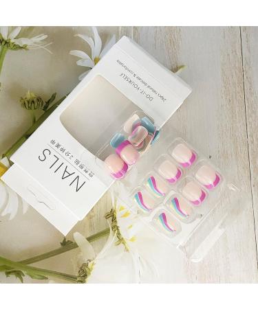 Colorful Waves French Tip Press on Nails - Glossy Blue & Pink Swirl Design | 24Pcs - Buy Online on SooperMarket.com
