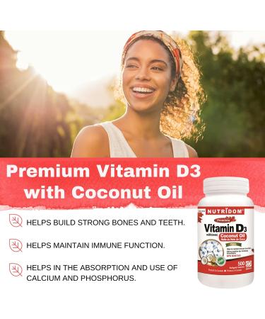 Nutridom Vitamin D3 with Coconut MCT Oil - 1 000IU (25mcg) per serving (500 Softgels) Supports Immune Fuction Muscle & Bone Health Non-GMO Gluten Free Made in Canada - Buy Online on SooperMarket.com