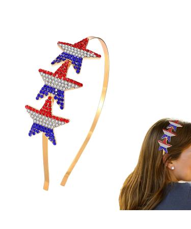 REYIN-CHHN 4th of July Headband - Patriotic Headbands American Flag Star Headband Independence Day Headband Rhinestone Star Headbands July 4th Headband Red White Blue Star Hairband for Women
